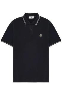 Stone island men’s black polo shirt with white contrast trim on collar and sleeves and embroidered chest logo patch