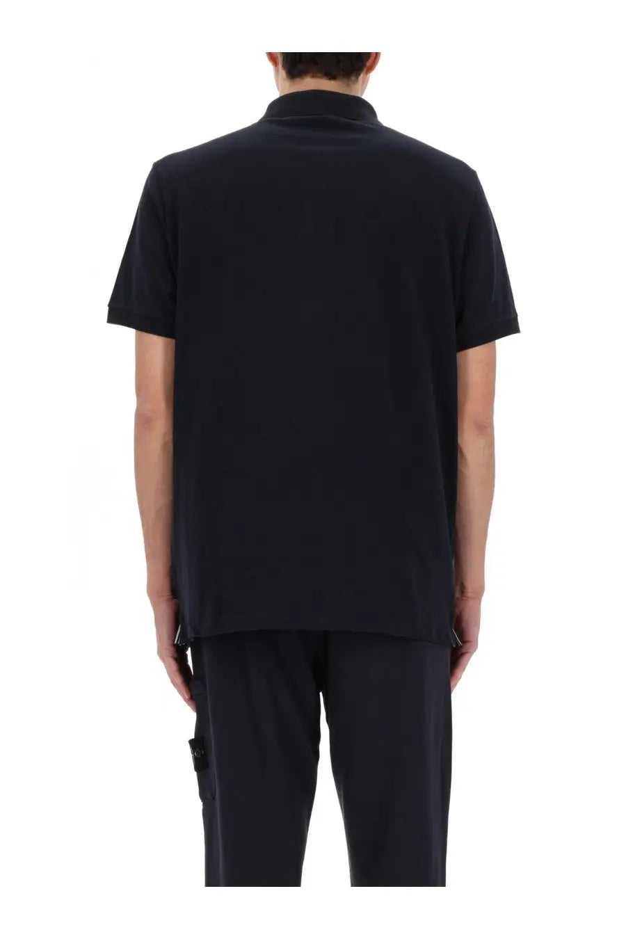 Stone Island men’s polo blue featuring a black short-sleeved classic collar shirt with subtle side seam detailing