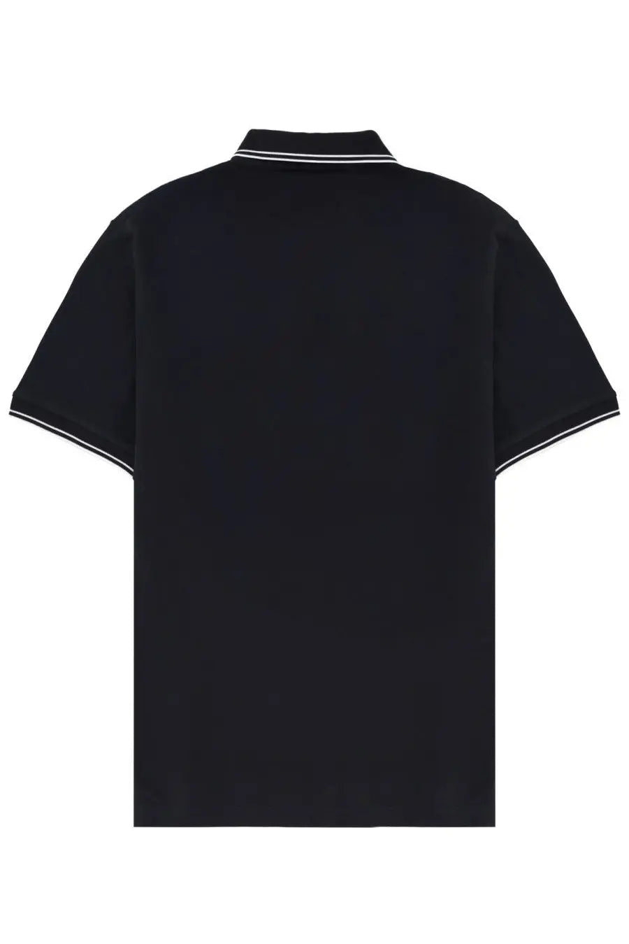 Stone island men’s polo shirt in black with white trim on collar and sleeves, short-sleeved cotton fabric