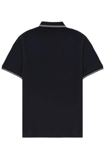 Stone island men’s polo shirt in black with white trim on collar and sleeves, short-sleeved cotton fabric