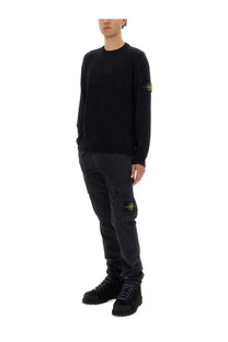 Stone Island men’s black Rws lightweight wool crewneck sweater with subtle yellow logo patch on left sleeve
