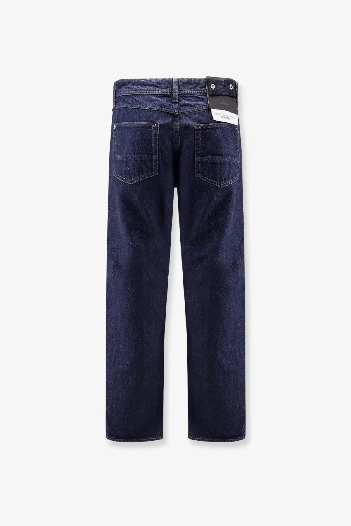 Stone island men’s selvedge indigo jeans blue showing dark indigo denim with straight-leg cut and classic back pockets back view