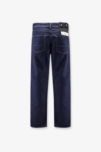 Stone island men’s selvedge indigo jeans blue showing dark indigo denim with straight-leg cut and classic back pockets back view