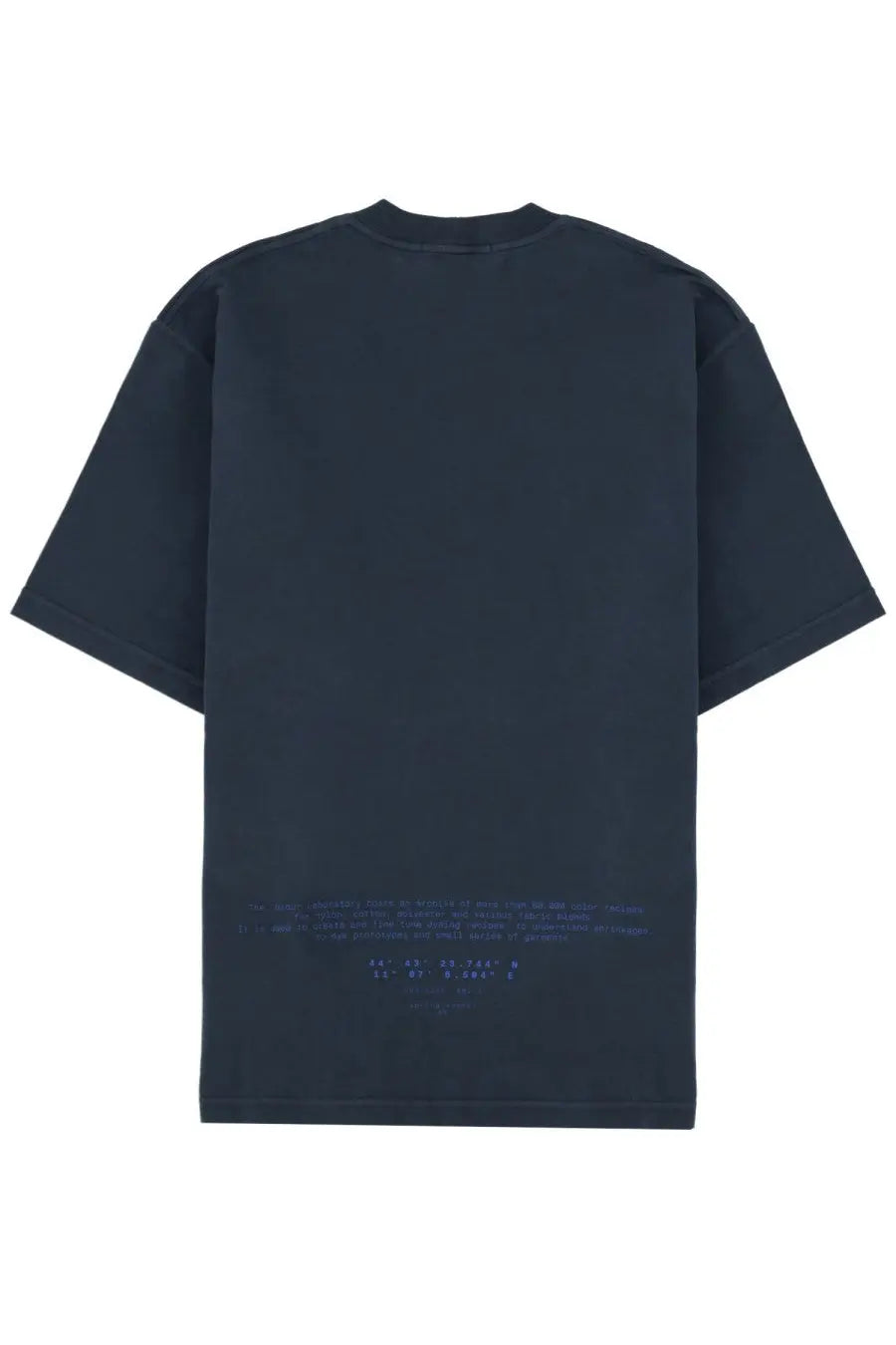 Stone island men’s dark navy blue oversized t-shirt with faintly glowing blue text print along the bottom hem