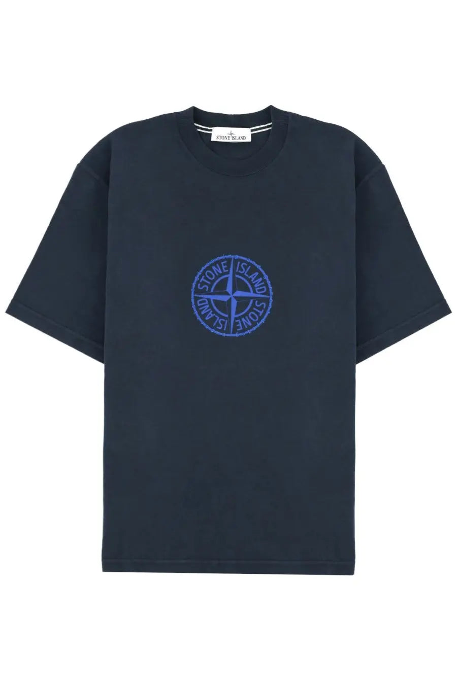 Stone Island men’s dark navy t-shirt with blue embroidered compass logo on the chest in con blue color