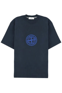 Stone Island men’s dark navy t-shirt with blue embroidered compass logo on the chest in con blue color