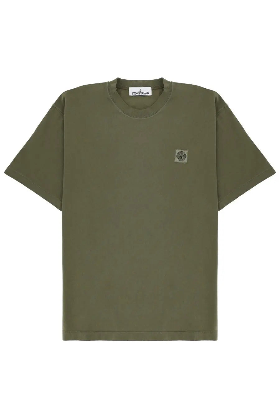 Stone Island men’s olive green short-sleeved t-shirt with subtle textured fabric and square logo patch on left chest