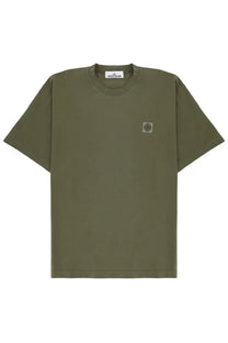 Stone Island men’s olive green short-sleeved t-shirt with subtle textured fabric and square logo patch on left chest