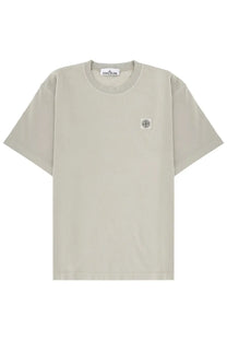 Beige stone island men’s t-shirt with subtle logo patch on the chest in grey stone material