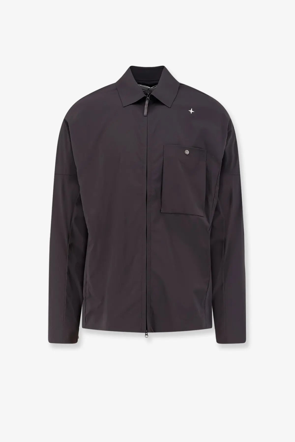 Stone Island men’s dark gray zip-front jacket with subtle star logo and flap pocket in sleek design