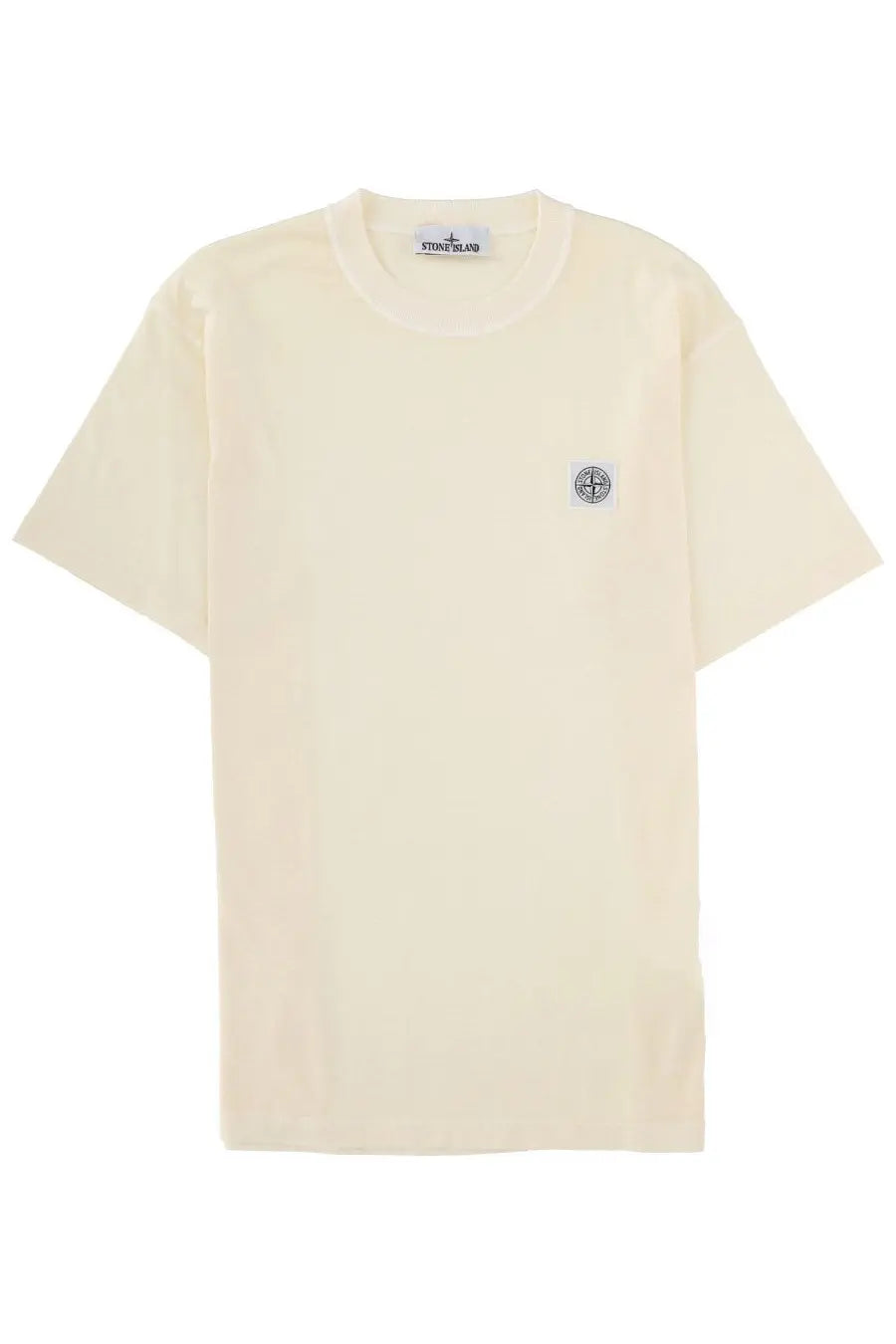 Stone island men’s cream-colored short sleeve t-shirt made of soft stone material with subtle logo patch on chest