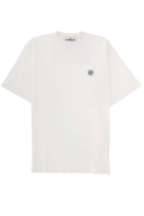 Stone Island men’s white t-shirt with minimalist design featuring embroidered compass logo on left chest and neckline label