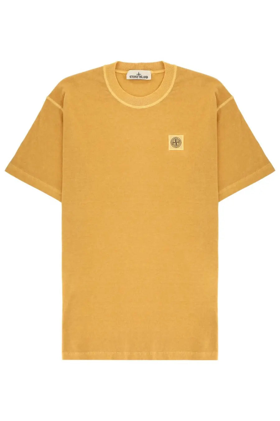 Stone Island men’s mustard yellow cotton t-shirt with small square logo patch on left chest and brand tag at neckline