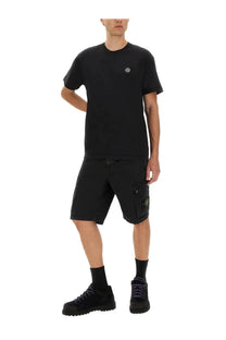Stone island men’s slim fit black shirt with small embroidered logo on chest made from black stone material