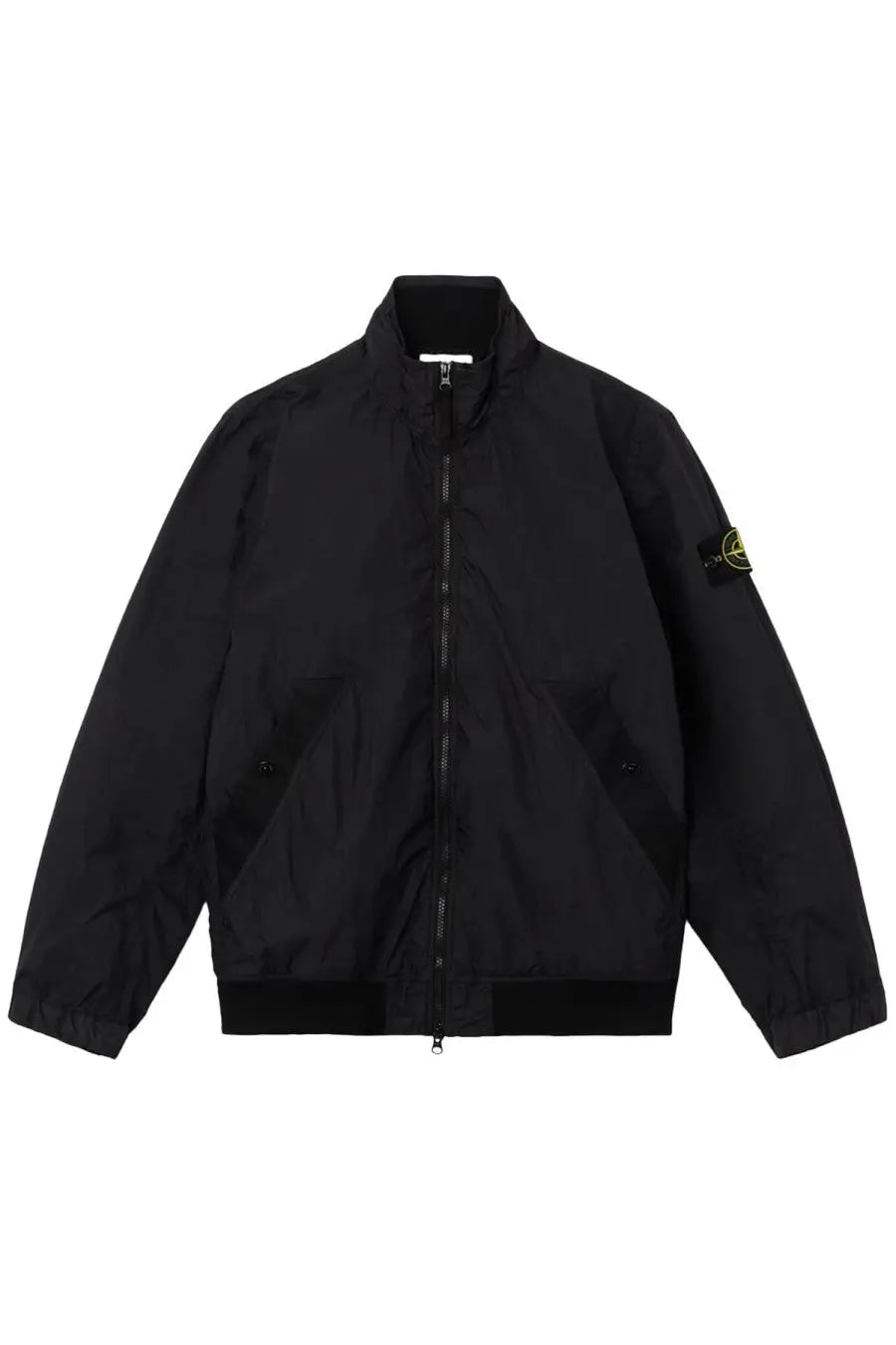 Stone Island men’s stiff collar black bomber jacket with front zipper and yellow logo patch on left sleeve