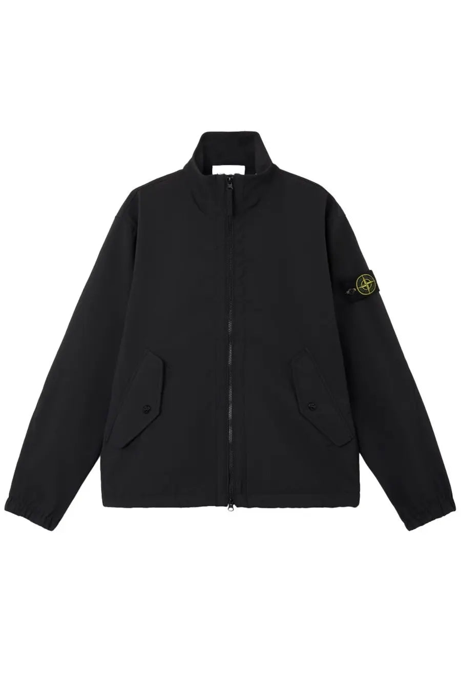 Stone Island men’s stiff collar black jacket with high collar zipper closure and two side flap pockets