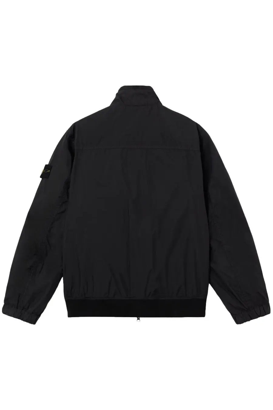 Stone island men’s stiff collar black nylon bomber jacket with subtle texture and small logo patch on left sleeve