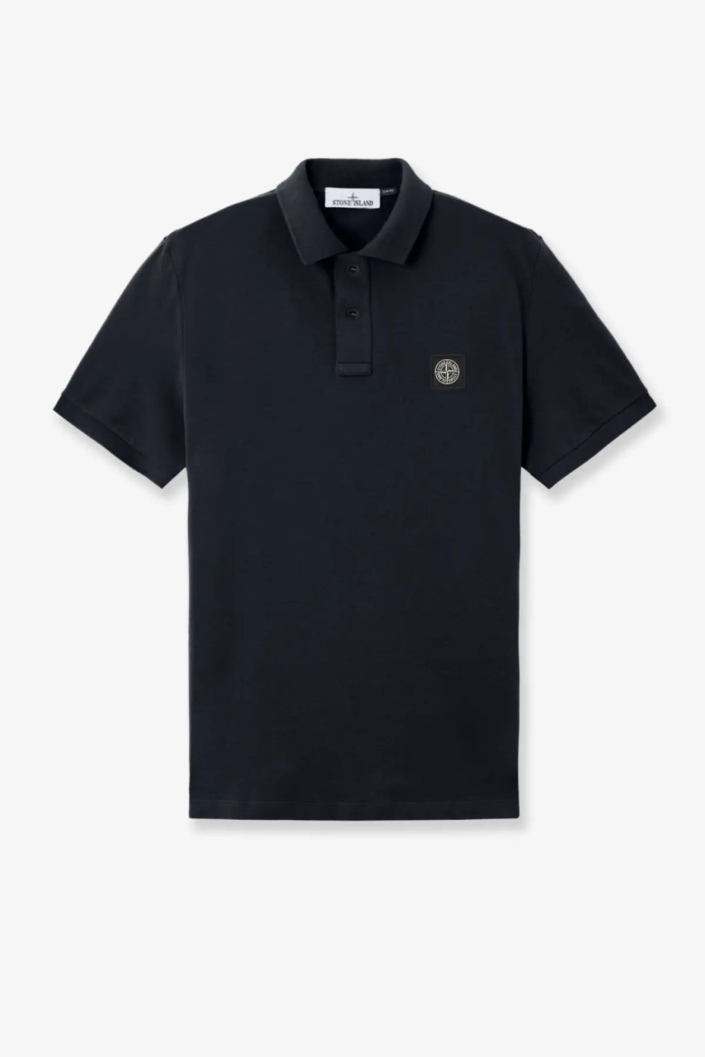 Stone island men’s stretch organic cotton polo shirt blue featuring black short-sleeved textured fabric and small logo