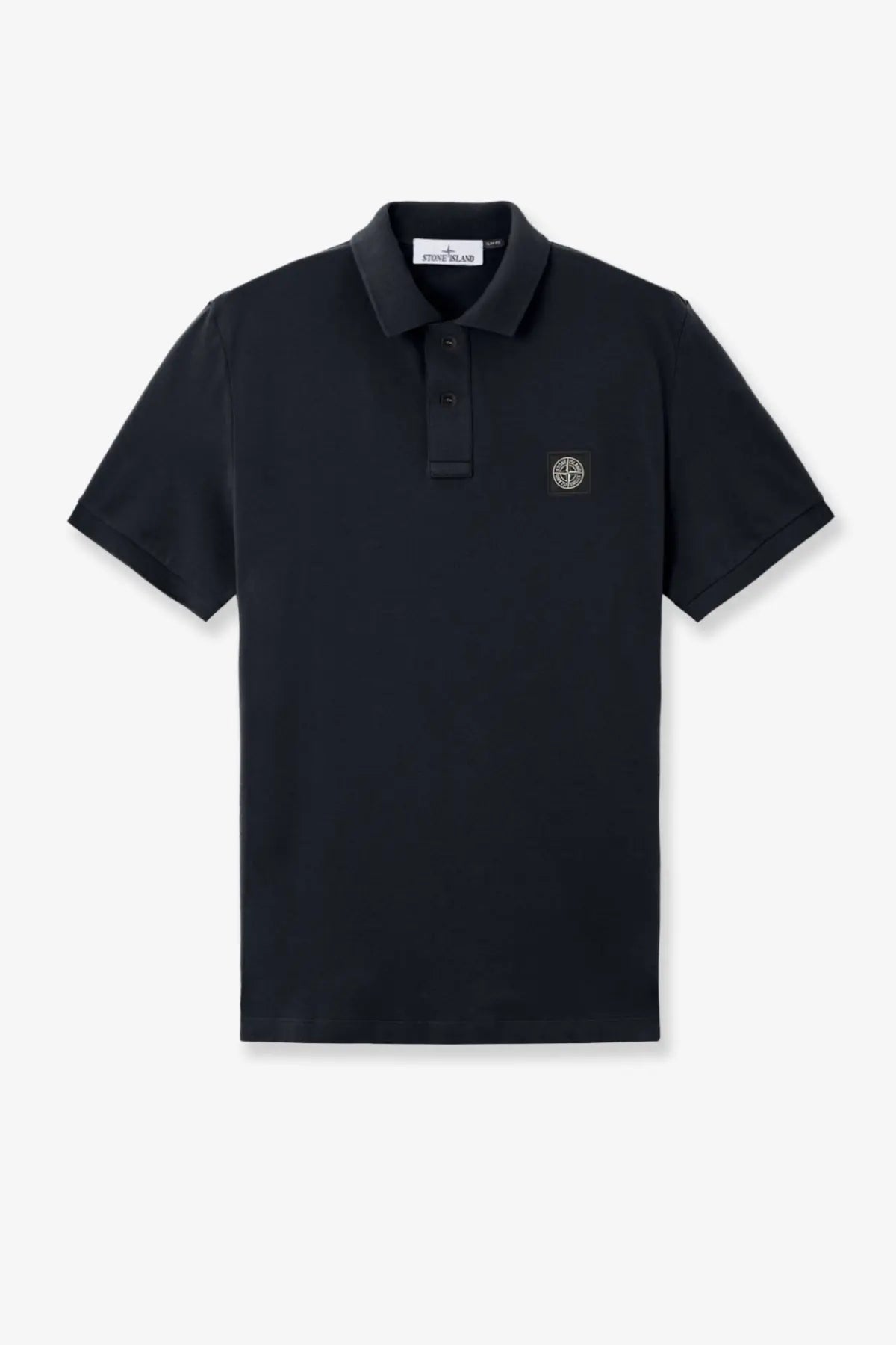 Stone island men’s stretch organic cotton polo shirt blue featuring black short-sleeved textured fabric and small logo