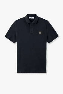 Stone island men’s stretch organic cotton polo shirt blue featuring black short-sleeved textured fabric and small logo