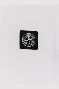 Stone island men’s stretch organic cotton polo shirt white with black embroidered compass logo patch on white fabric