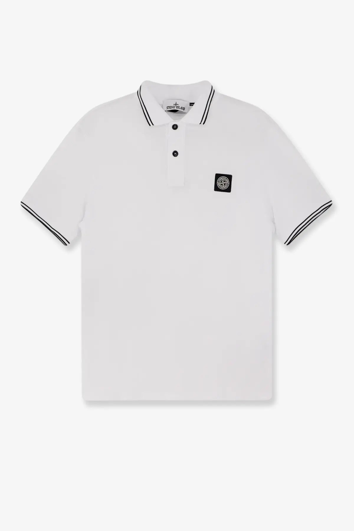 Stone Island men’s white stretch organic cotton polo shirt with black trim and logo patch on left chest
