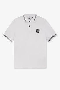 Stone Island men’s white stretch organic cotton polo shirt with black trim and logo patch on left chest