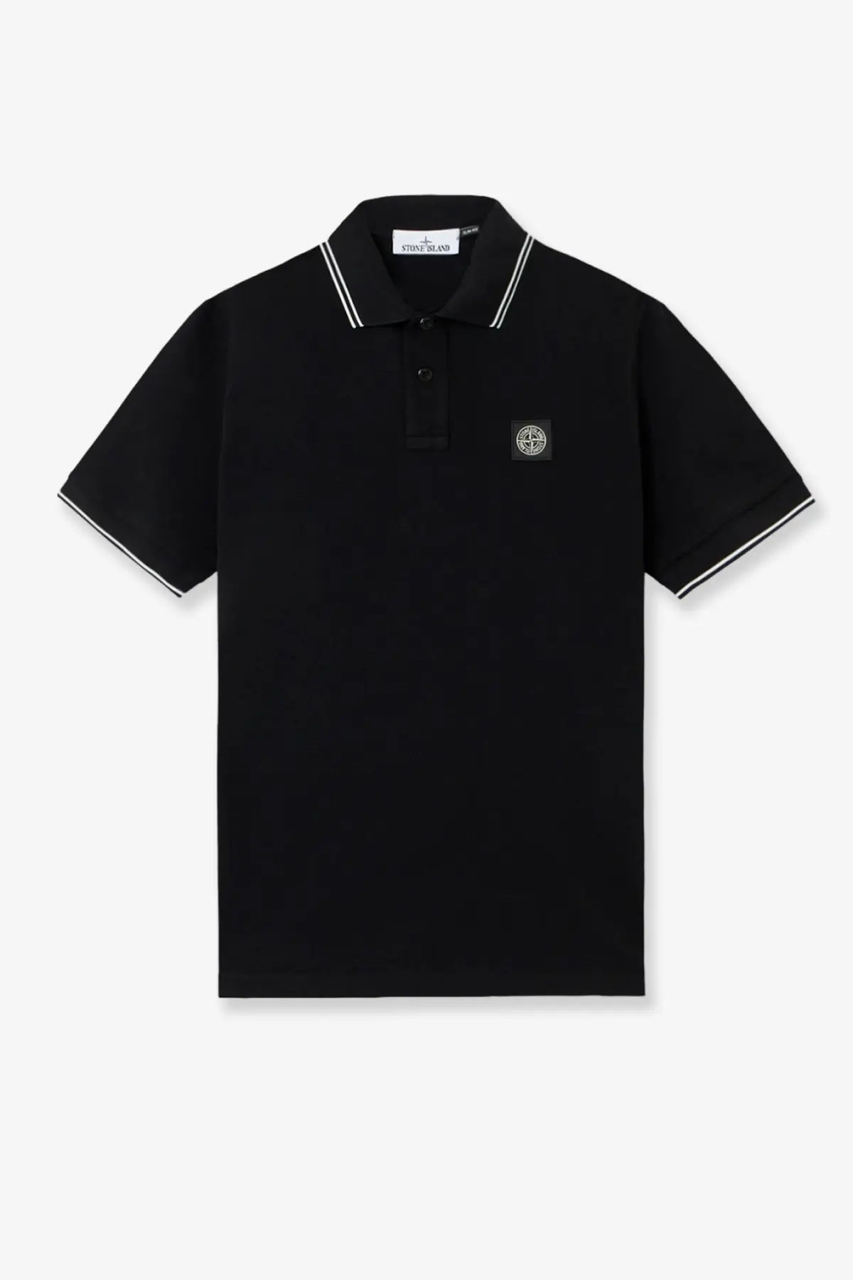 Stone Island men’s black polo shirt with white trim and black logo patch made from stretch organic cotton