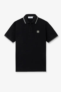Stone Island men’s black polo shirt with white trim and black logo patch made from stretch organic cotton