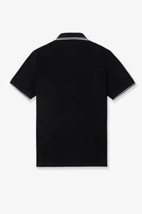 Stone Island men’s black short sleeved polo shirt with white trim made of stretch organic cotton