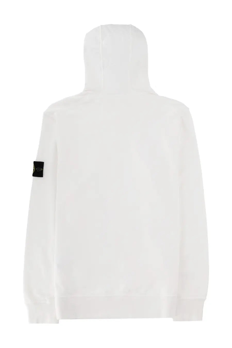 Stone Island men’s white hooded sweatshirt with black sleeve patch featuring a gold logo