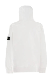 Stone Island men’s white hooded sweatshirt with black sleeve patch featuring a gold logo