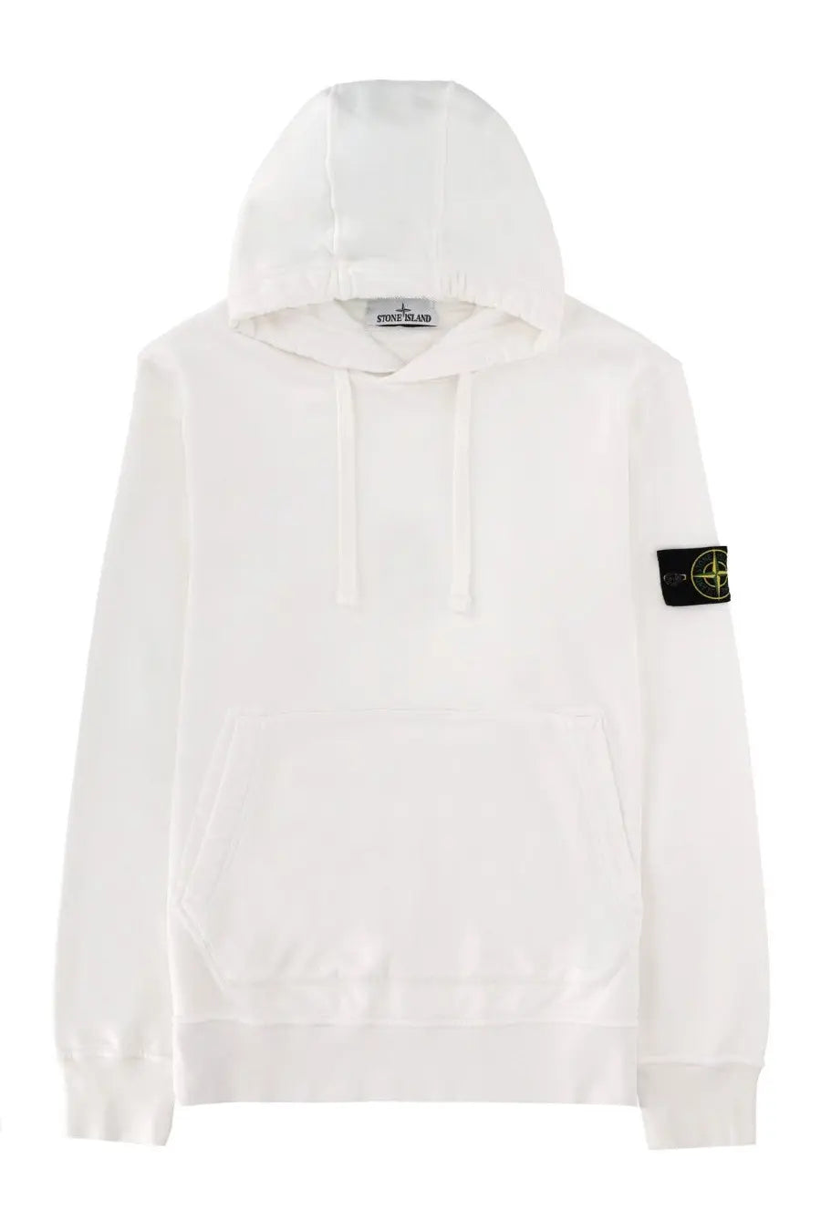 Stone island men’s sweatshirt white in cotton with black logo patch on sleeve and front drawstrings hoodie