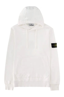 Stone island men’s sweatshirt white in cotton with black logo patch on sleeve and front drawstrings hoodie
