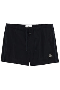 Stone island men’s swimsuit blue black stone island shorts with drawstring waist side stripes and logo patch on leg