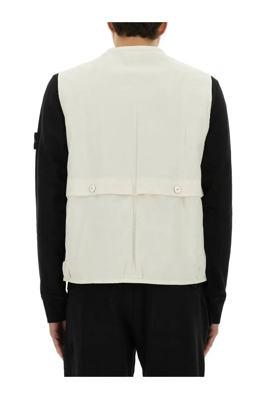 Stone Island men’s off-white sleeveless vest with high collar and two buttons worn over black long sleeve shirt