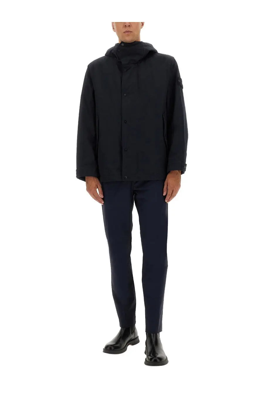Stone island men’s waterproof black hooded jacket with sleek modern design and subtle sleeve branding