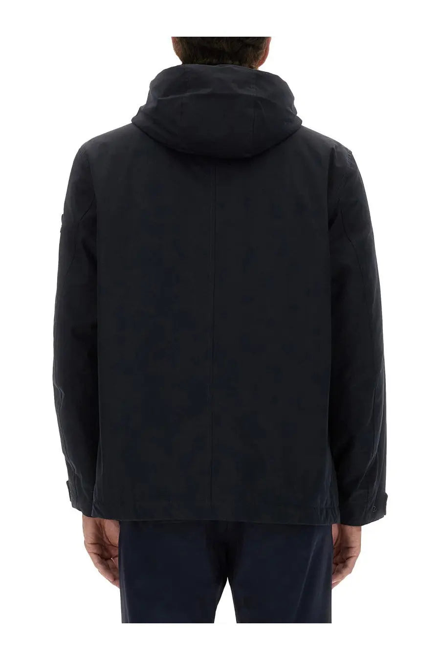 Stone island men’s waterproof jacket blue in dark navy with hood sleek minimalist design and subtle seam detailing
