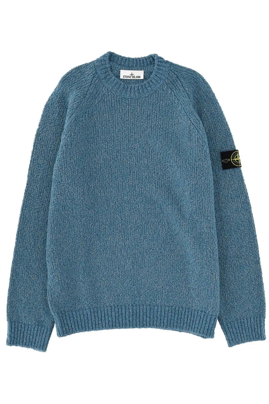 Stone Island men’s wool blend teal blue ribbed knit sweater with crew neck raglan sleeves and logo patch on left sleeve