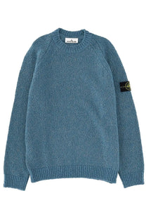 Stone Island men’s wool blend teal blue ribbed knit sweater with crew neck raglan sleeves and logo patch on left sleeve