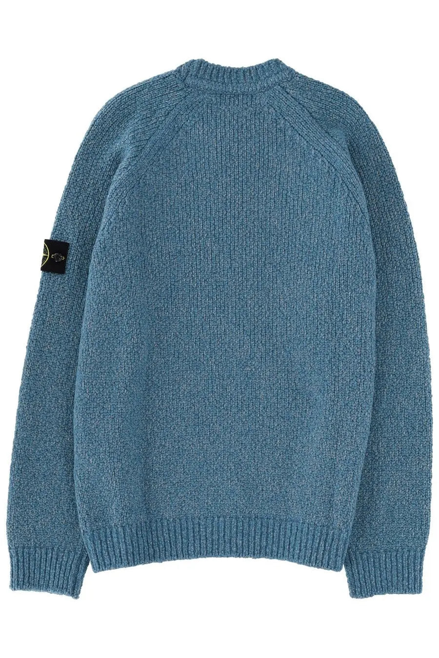 Stone Island men’s wool blend teal knit sweater with ribbed cuffs neckline and black patch on left sleeve