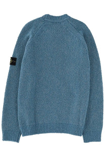 Stone Island men’s wool blend teal knit sweater with ribbed cuffs neckline and black patch on left sleeve