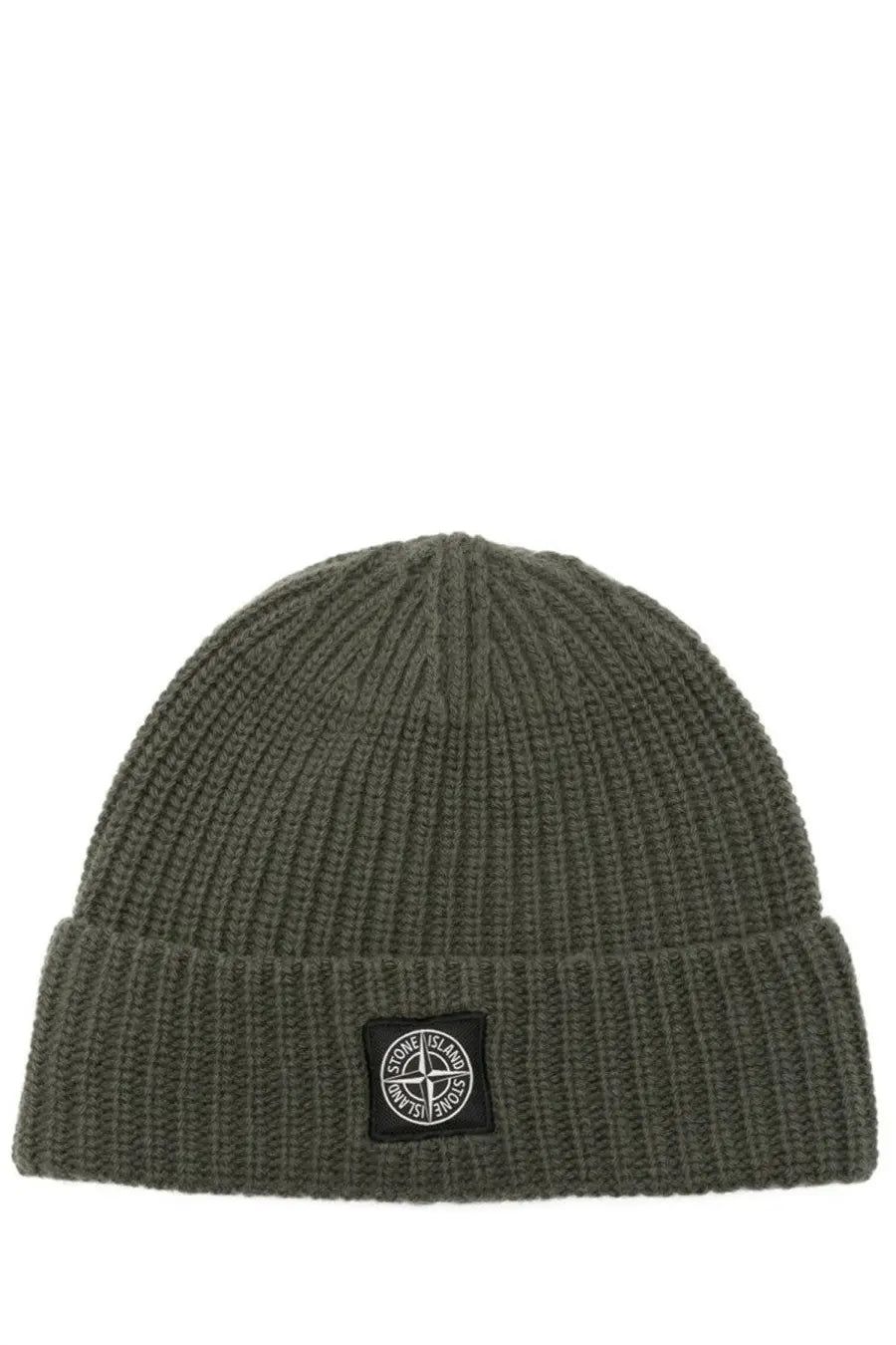 Stone Island men’s olive green wool cap with ribbed knit and black logo patch on the cuff
