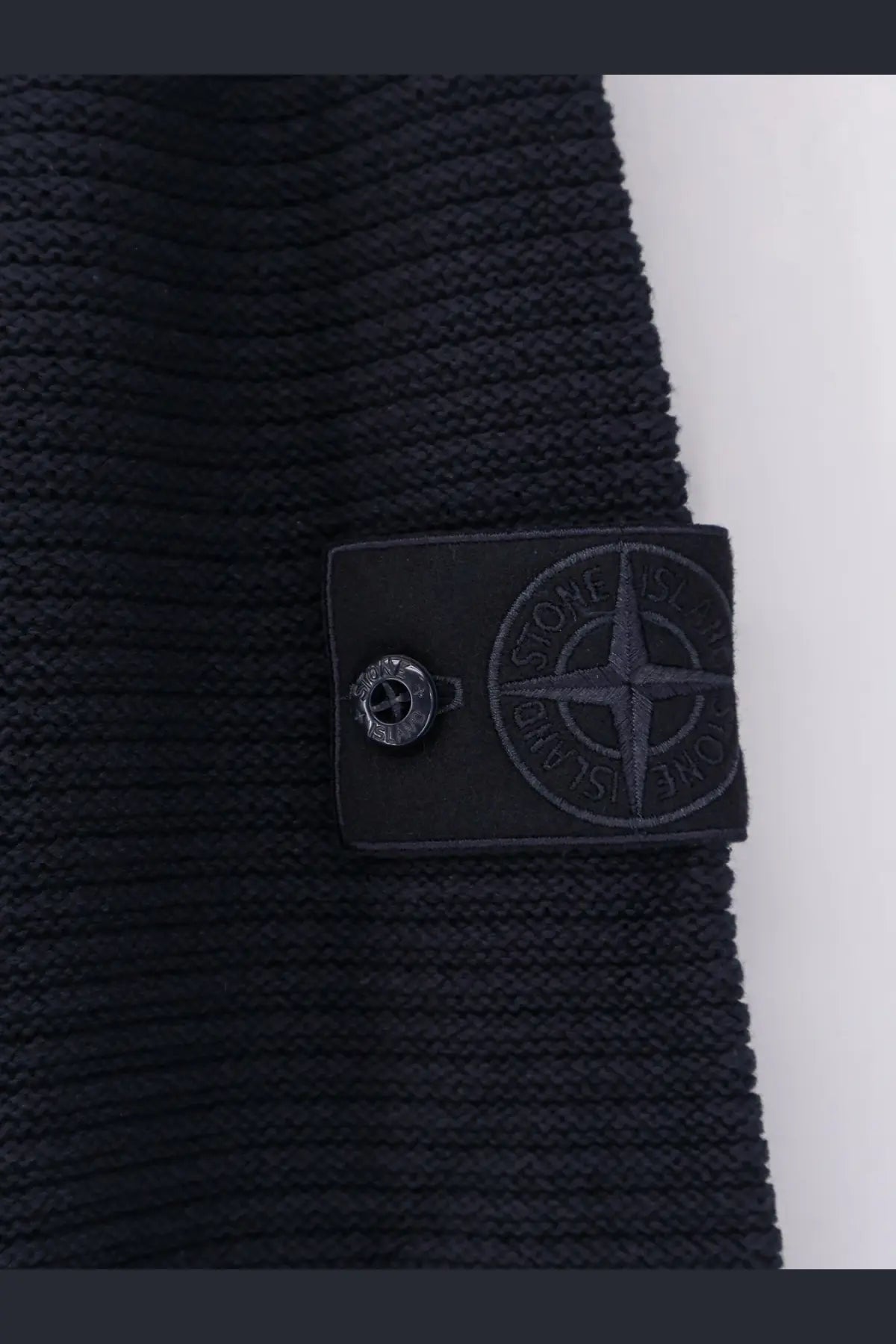Black ribbed knit Stone Island men’s wool and cashmere blend sweater with matching patch and compass logo