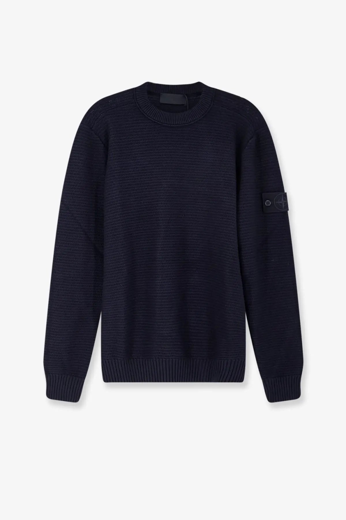 Stone Island men’s dark navy wool and cashmere blend sweater with ribbed cuffs hem textured pattern and black patch