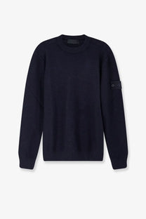 Stone Island men’s dark navy wool and cashmere blend sweater with ribbed cuffs hem textured pattern and black patch