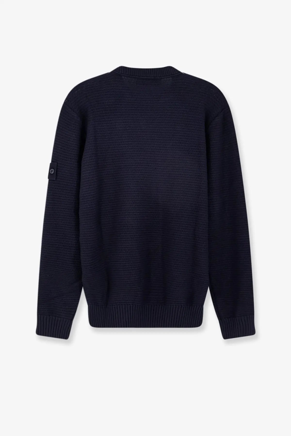 Stone Island men’s dark navy blue ribbed wool and cashmere blend sweater with textured pattern and patch on left sleeve