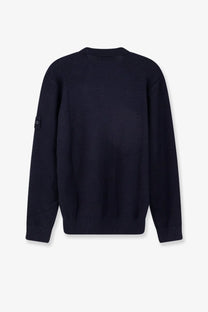 Stone Island men’s dark navy blue ribbed wool and cashmere blend sweater with textured pattern and patch on left sleeve