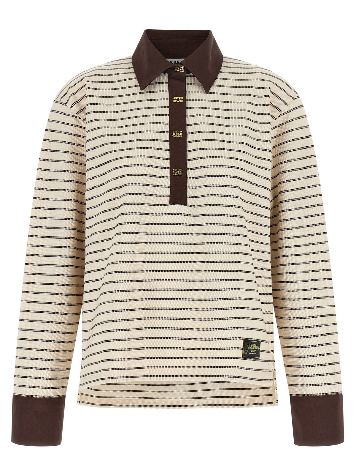 Ganni Striped Cotton Polo Shirt Brown