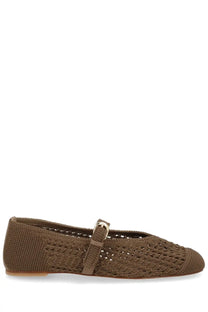 Stuart weitzman women’s ballerina leora mary gane brown flat shoe with knitted woven texture and metallic buckle strap